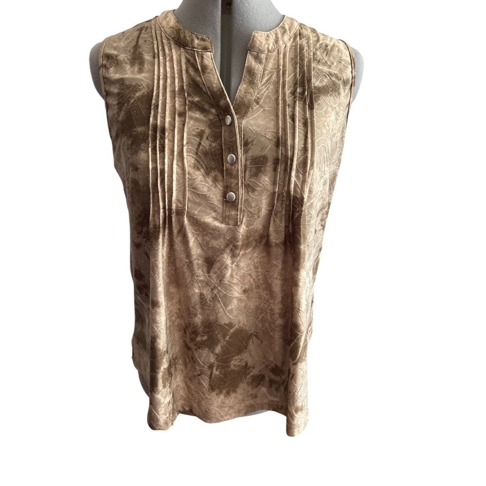 Notations Tan & Brown Sleeveless Pleated Front V Neck Blouse Size Medium